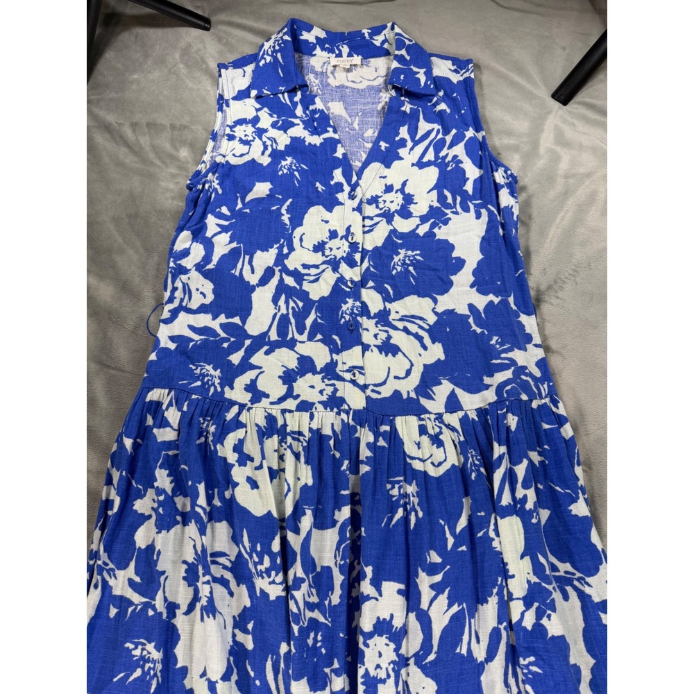 ODDI Royal Blue Floral Collared Sleeveless Linen Maxi Slit Dress A-Line Medium